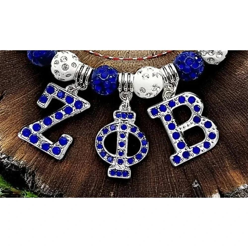 Zeta Phi Beta Bracelet Blue and White Beaded rhinestone‎ with Logo